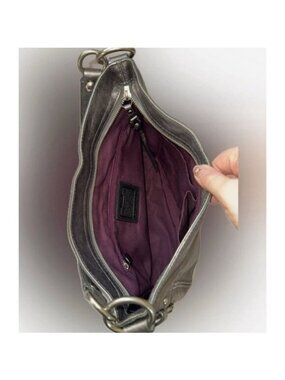 Coach Metallic Leather Shoulder Bag With Purple Lining & Zipper Closure